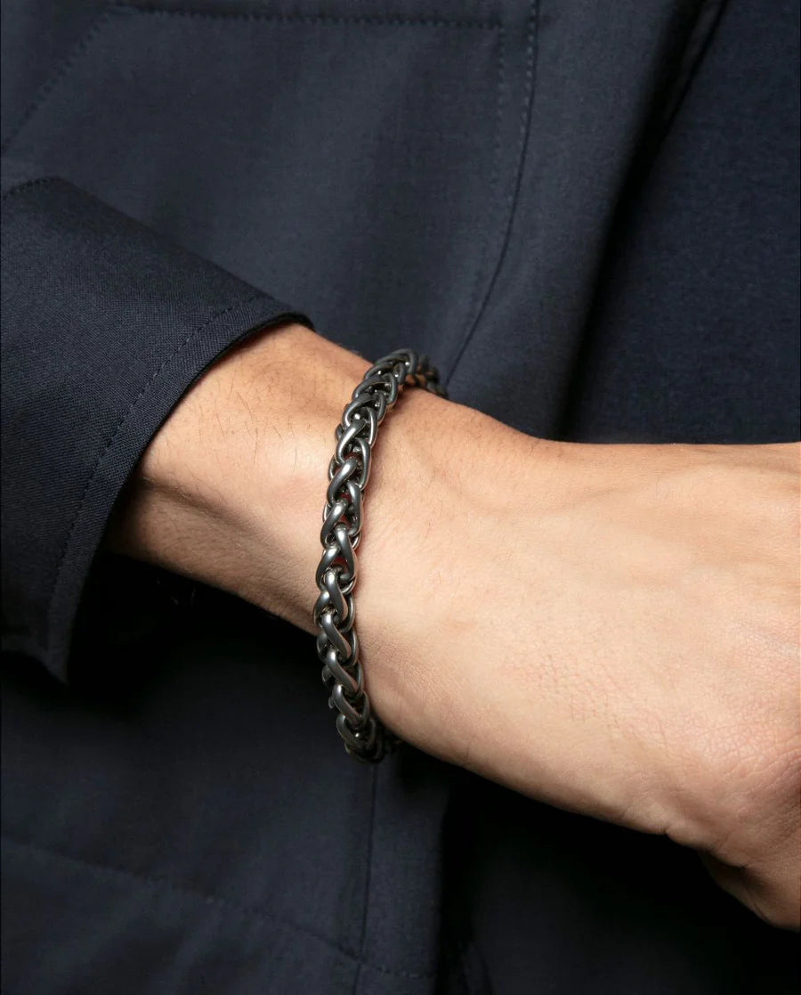 Pulsera de Hombre en Acero con Acabado Antiguo y Eslabones Trenzados