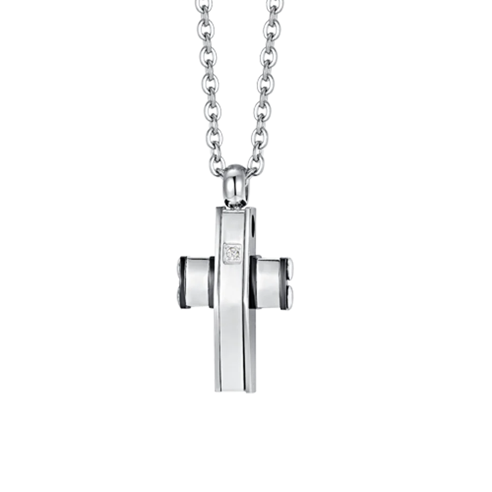 Collar Acero Hombre Cruz Plateada Negra Luca Barra