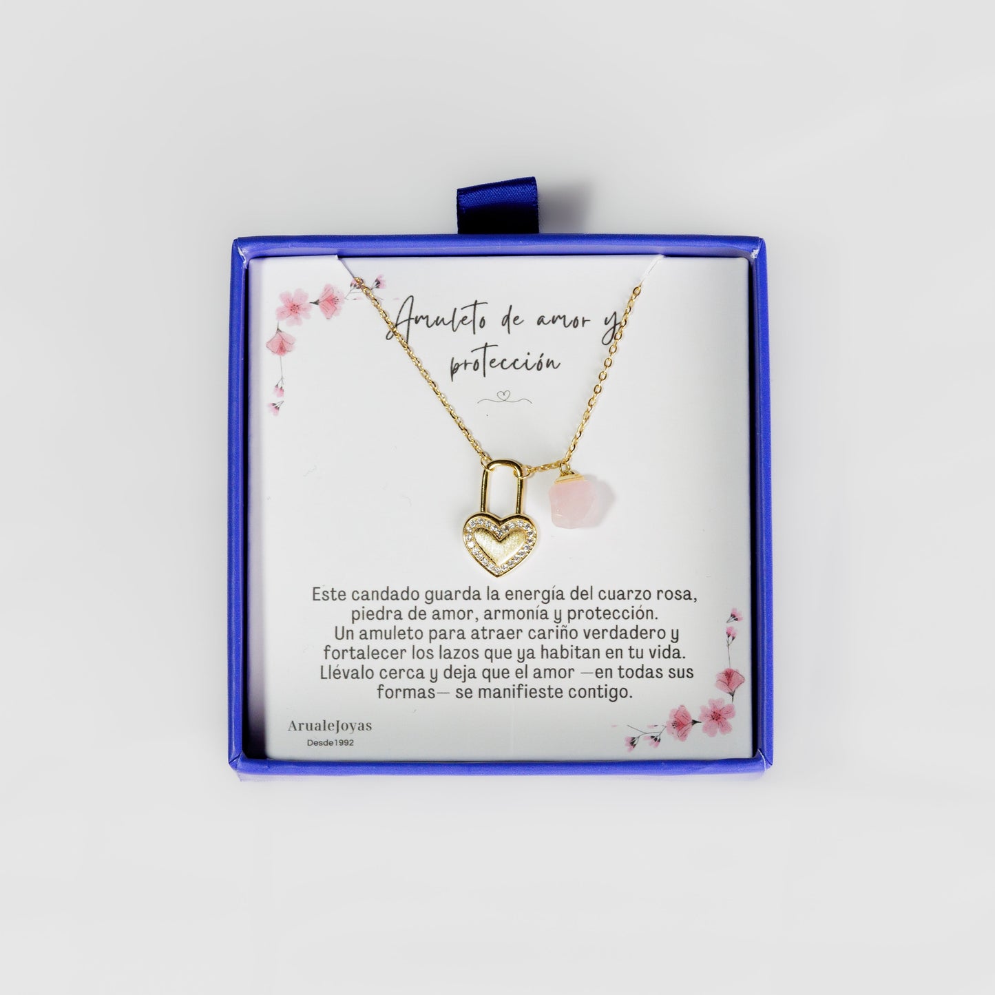Colgante Amuleto Amor Candado Corazón Cuarzo Rosa Plata De Ley Aruale Joyas