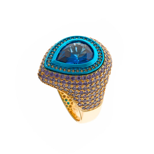 Sortija Plata Dorada y Azul Cristal Pera