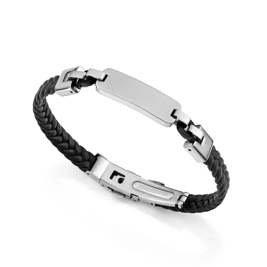 Pulsera de Hombre de Acero e IP Negro con Piel Trenzada y Placa