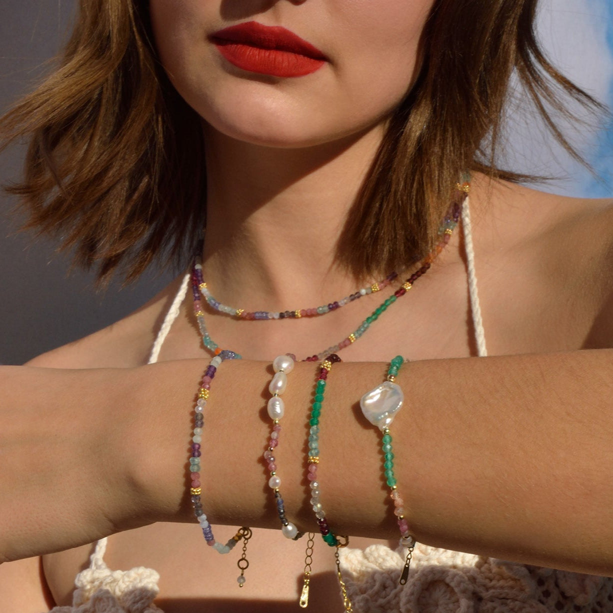 Pulsera Plata Dorada Perla y Turmalinas
