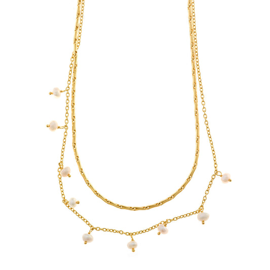 Collar Doble Perlas Plata 925 Chapado Oro Salvatore