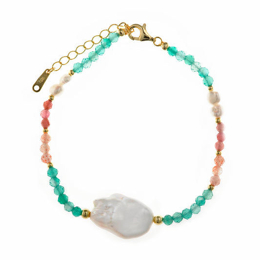 Pulsera Plata Dorada Perla y Turmalinas