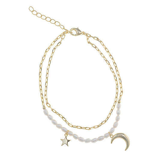 Pulsera Doble Plata Dorada Perlas y Estrella Luna