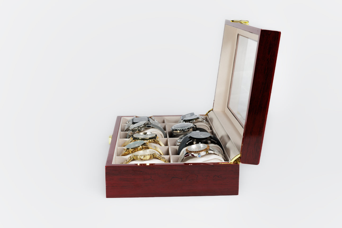 Aruale Joyas Estuche Lujo Relojes Acabado Madera Caoba 12 Compartimentos Ideal Regalo para Coleccionistas y Amantes de Relojes con Tapa de Cristal Interior de Terciopelo Caja y Gamuza Incluidos