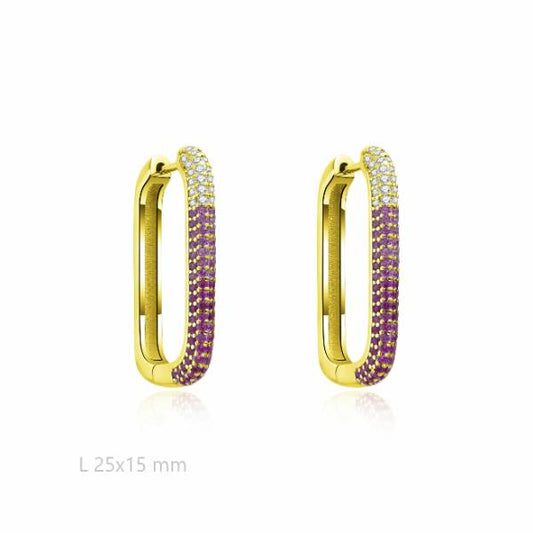 Pendientes Aros Rectangulares Plata Chapado Dorado Circonitas Color