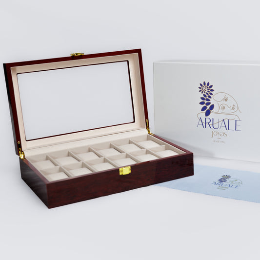 Aruale Joyas Estuche Lujo Relojes Acabado Madera Caoba 12 Compartimentos Ideal Regalo para Coleccionistas y Amantes de Relojes con Tapa de Cristal Interior de Terciopelo Caja y Gamuza Incluidos