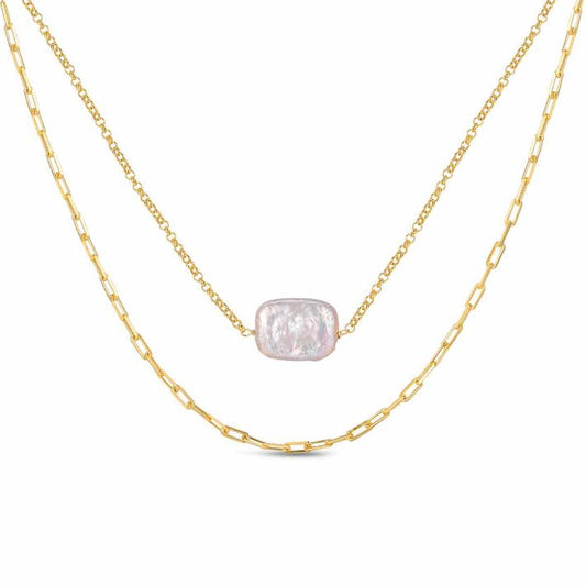 Collar De Plata Chapado Cadena Doble Perla Barroca Plana