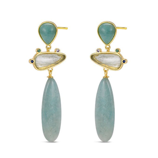 Pendientes Plata De Ley 925 De Piedra Natural Amazonita Chapado Dorado
