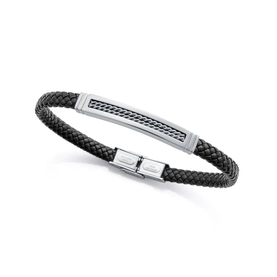 Pulsera de Hombre de Piel Negra con Detalle de Acero
