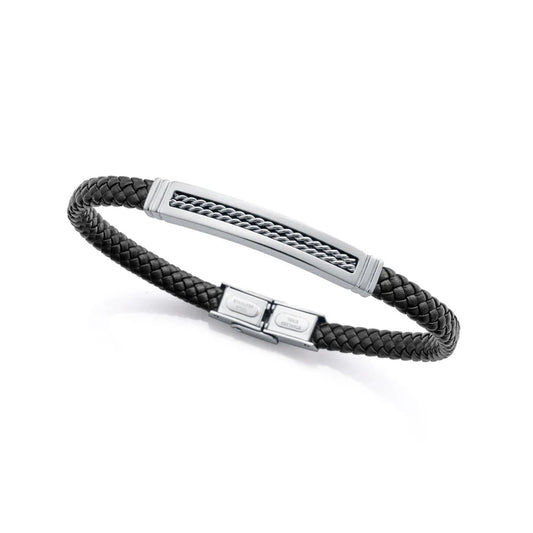 Pulsera de Hombre de Piel Negra con Detalle de Acero