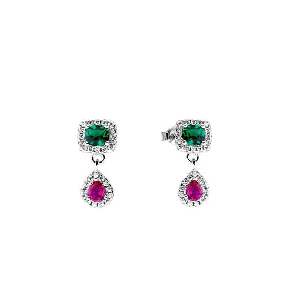 Pendientes Plata Circonitas Verde y Rosa ChiMiAma