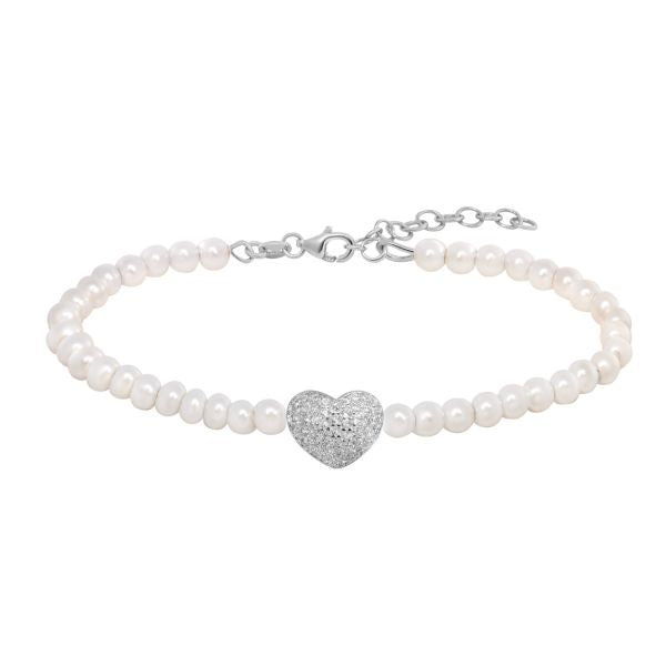 Pulsera Plata Perlas Corazón Circonitas Chimiama