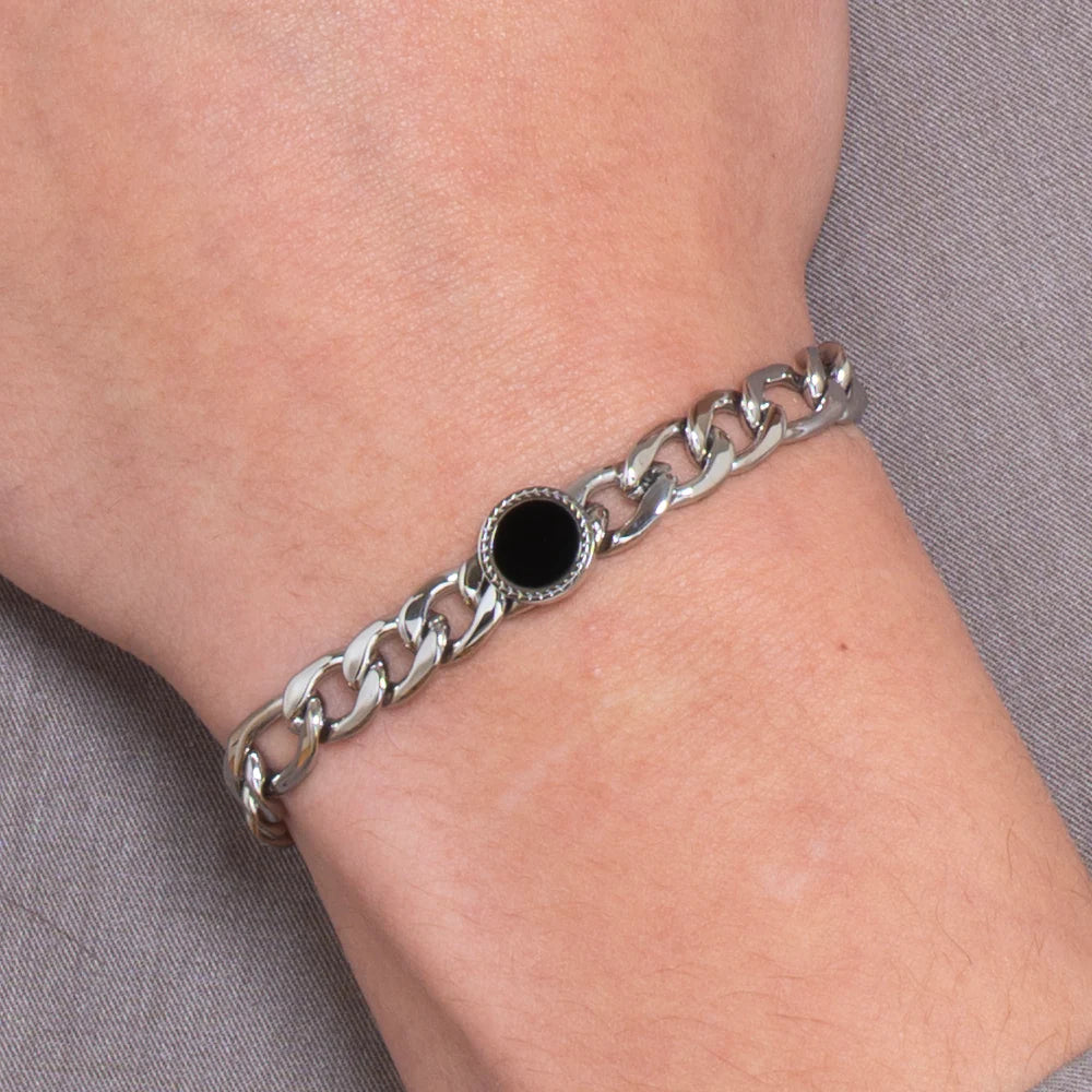 Pulsera de Acero para Hombre con Ágata Negra