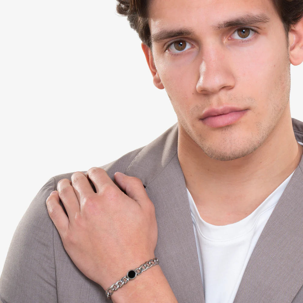 Pulsera de Acero para Hombre con Ágata Negra
