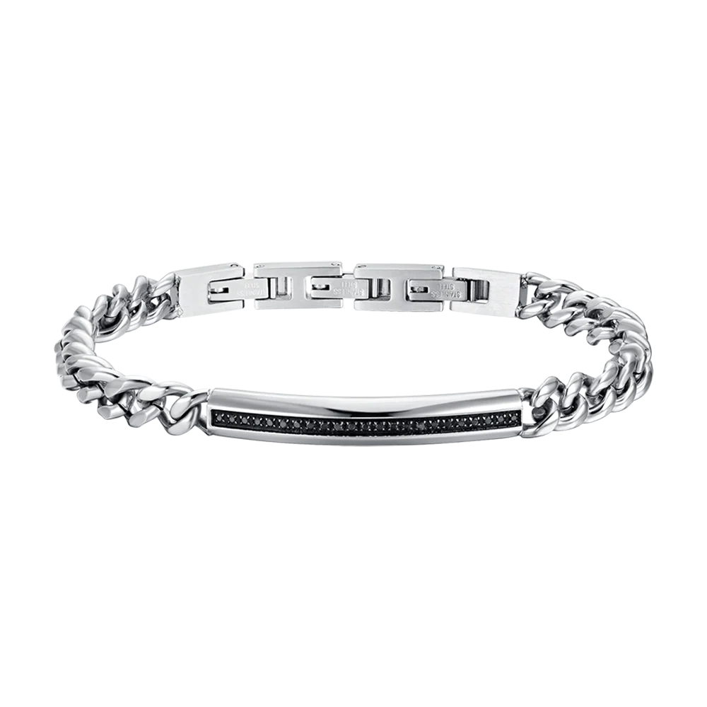 Pulsera de Hombre de Acero con Detalle de Cristal Negro