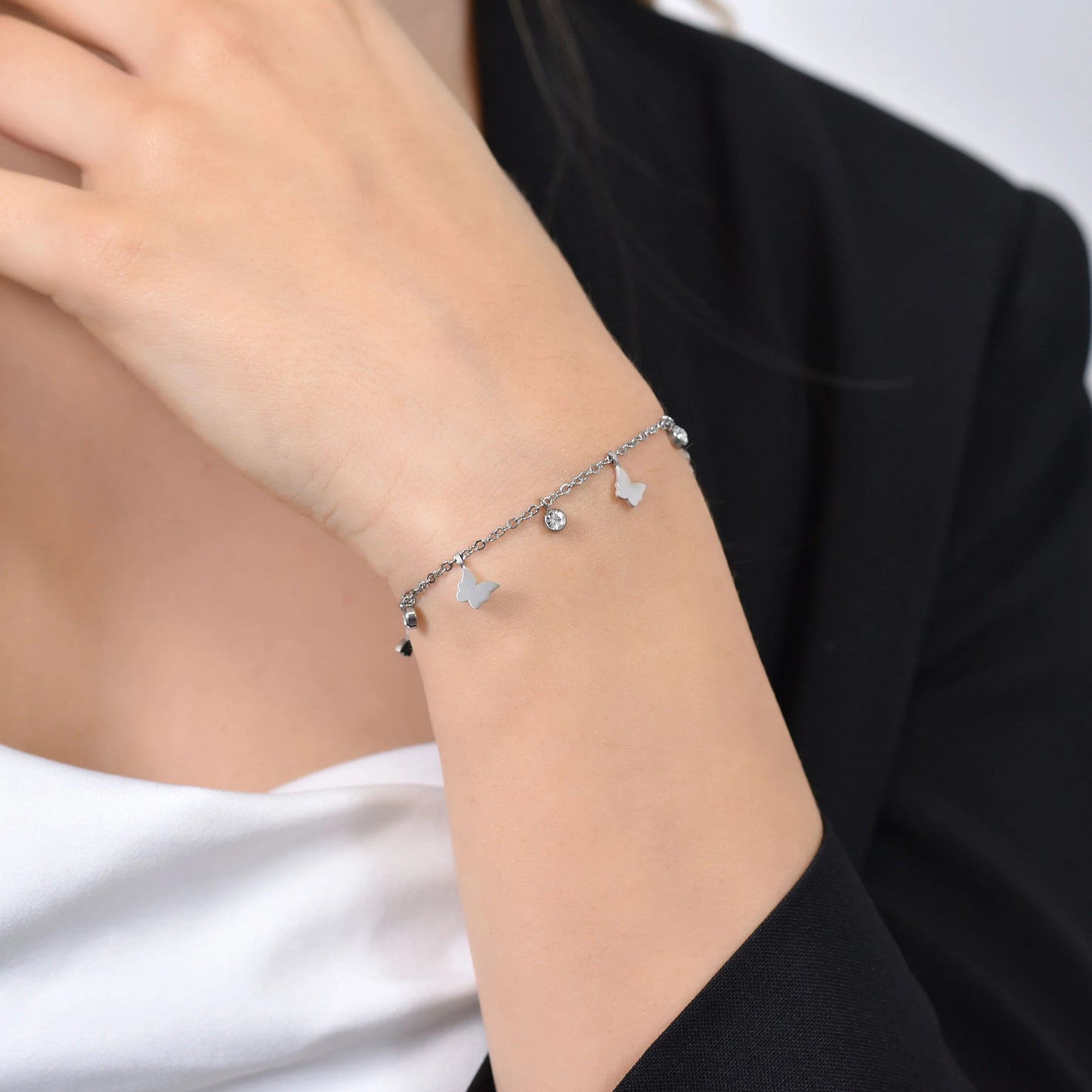 Pulsera Acero Con Colgantes Mariposas y Circonitas
