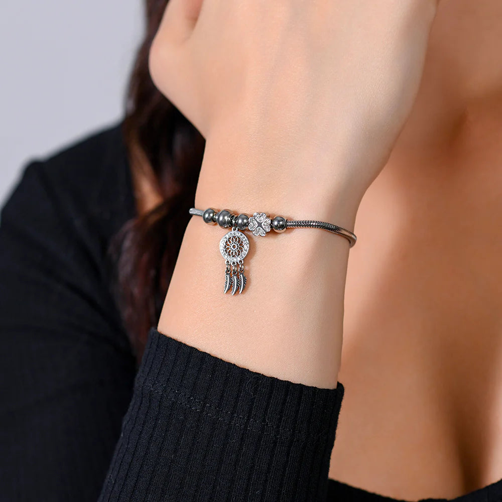 Pulsera De Acero Inoxidable Atrapasueños Y Cristal