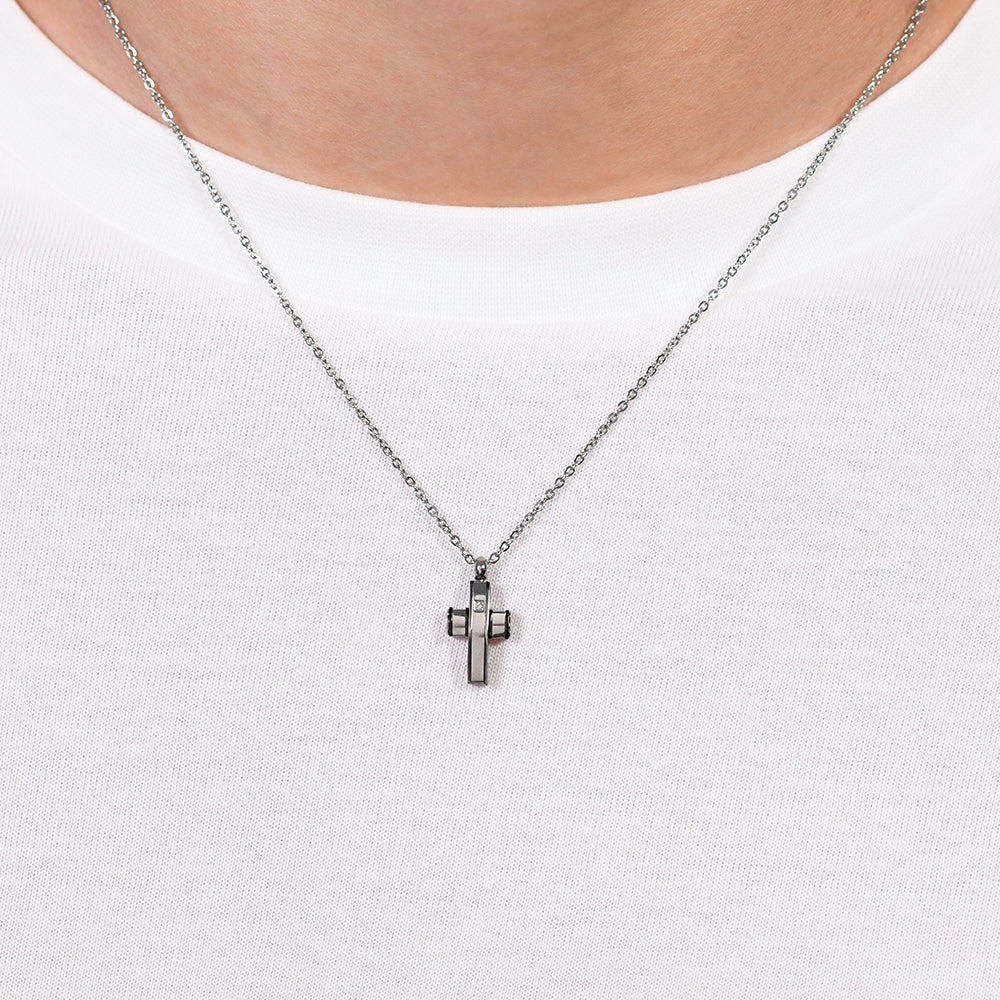 Collar Acero Hombre Cruz Plateada Negra Luca Barra
