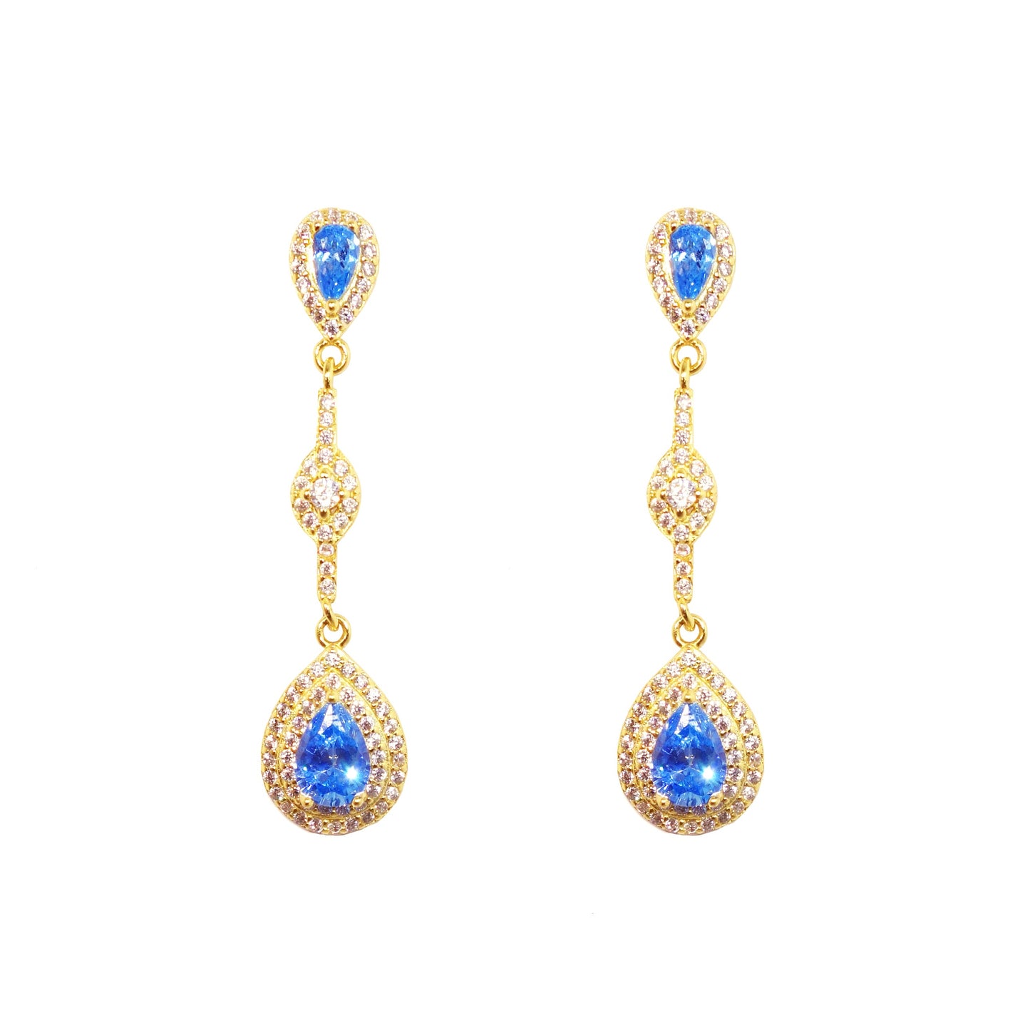 Pendientes de Plata Largos con Chapado 18K y Circonitas Azules