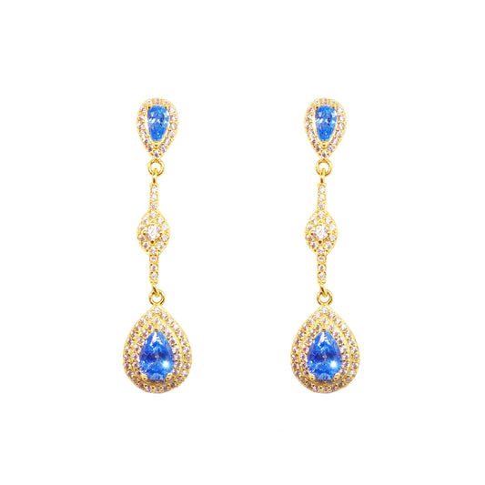 Pendientes de Plata Largos con Chapado 18K y Circonitas Azules