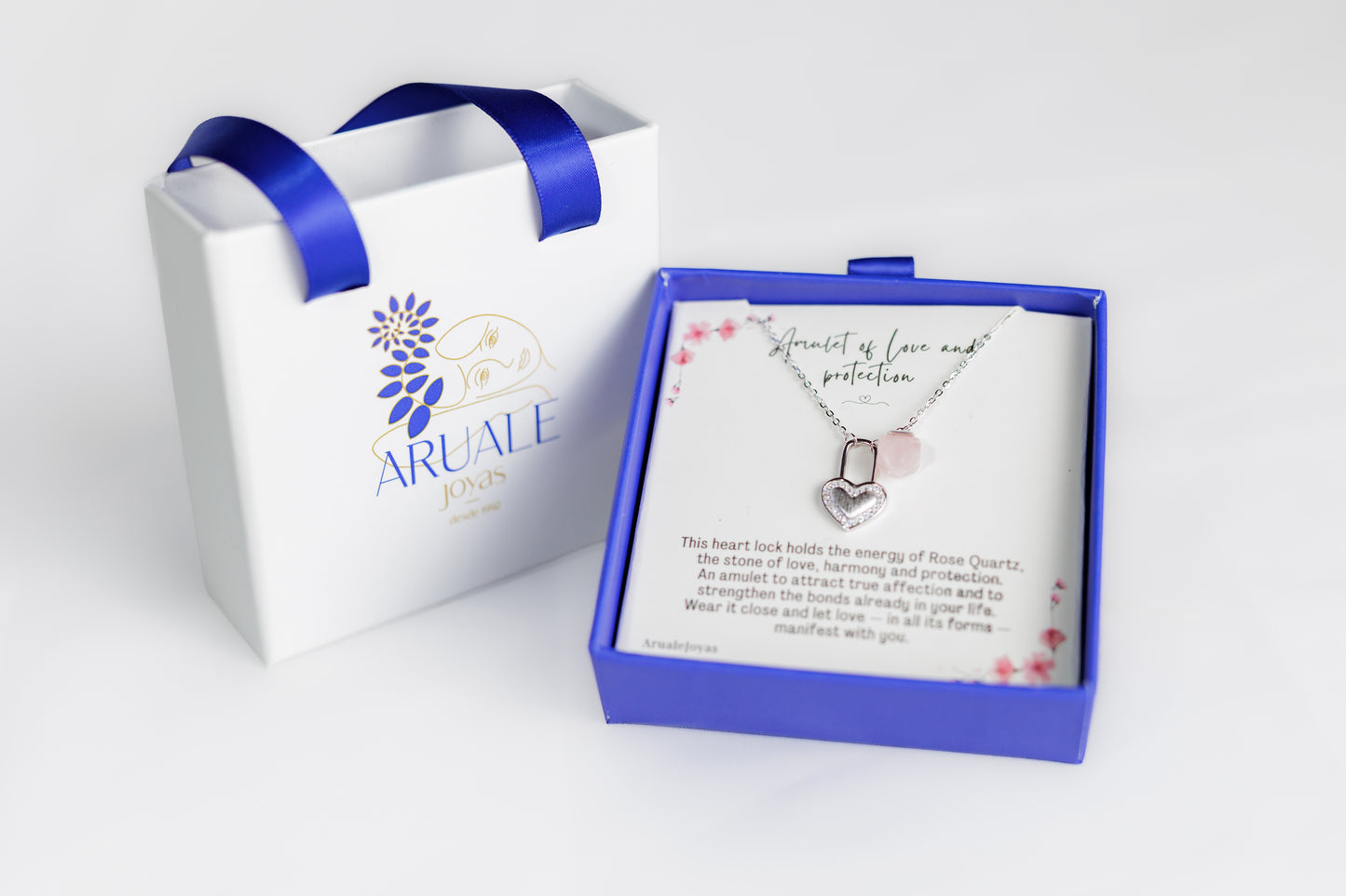 Colgante Amuleto Amor Candado Corazón Cuarzo Rosa Plata De Ley Aruale Joyas