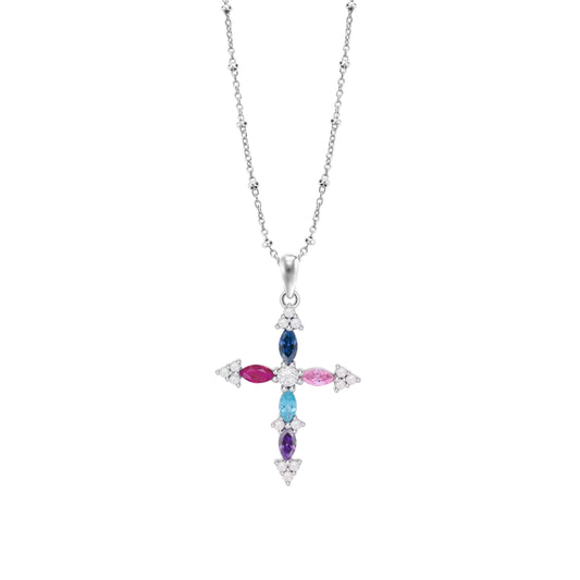 Collar Lotus Silver Con Cruz Y Circonitas Multicolor