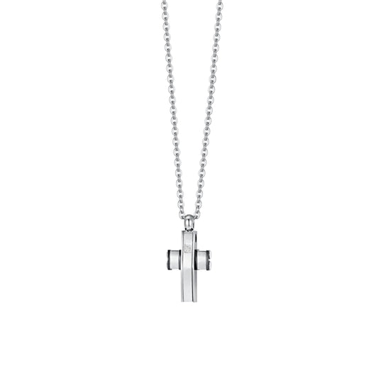 Collar Acero Hombre Cruz Plateada Negra Luca Barra