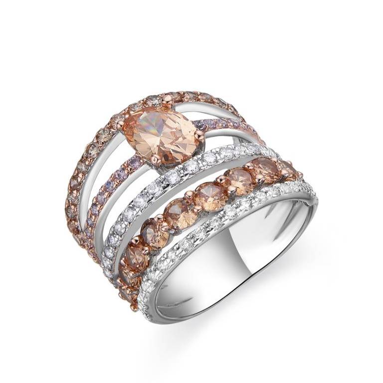 Anillo Plata De Ley 925  Multibanda con Circonitas Champagne y Blancas Brillante