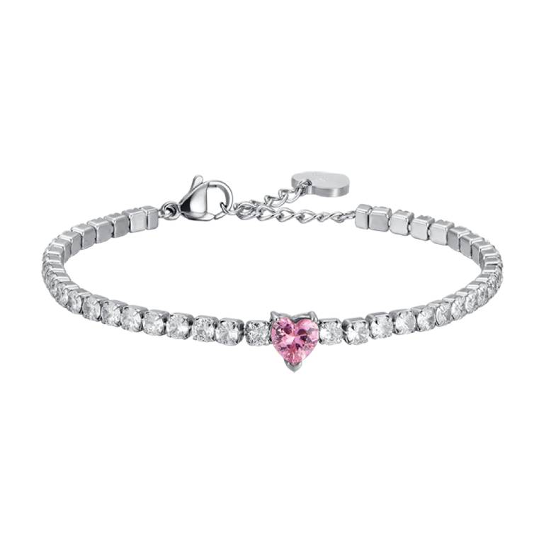 Pulsera Acero Riviere Corazón Circonita Rosa