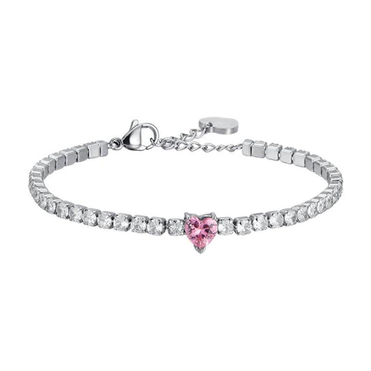 Pulsera Acero Riviere Corazón Circonita Rosa