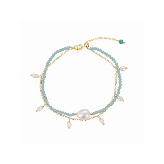 Pulsera De Piedra Natural Bolitas De Amazonita Chapada Con Perlas
